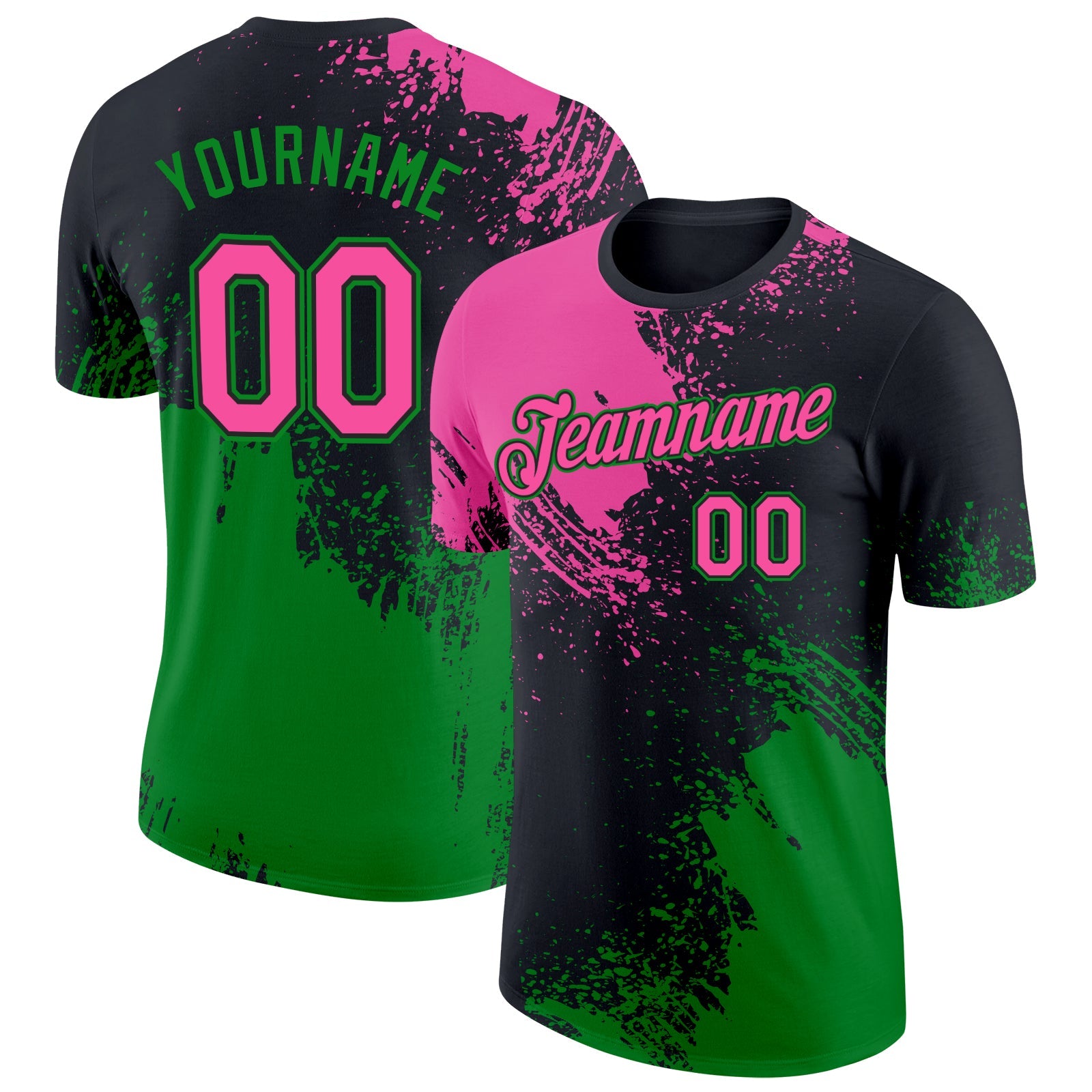 Custom Black Pink-Grass Green 3D Pattern Design Abstract Brush Stroke Performance T-Shirt - Main View