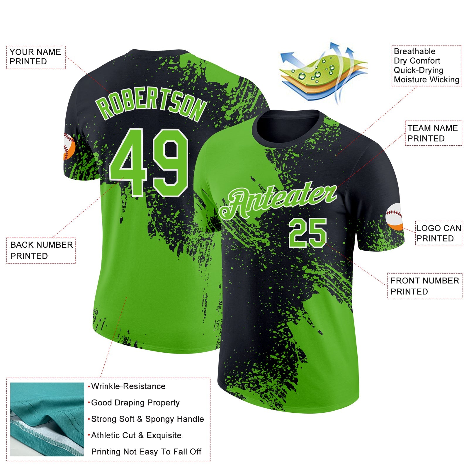 Custom Aurora Green Black-White 3D Pattern Design Abstract Brush Stroke Performance T-Shirt view 2