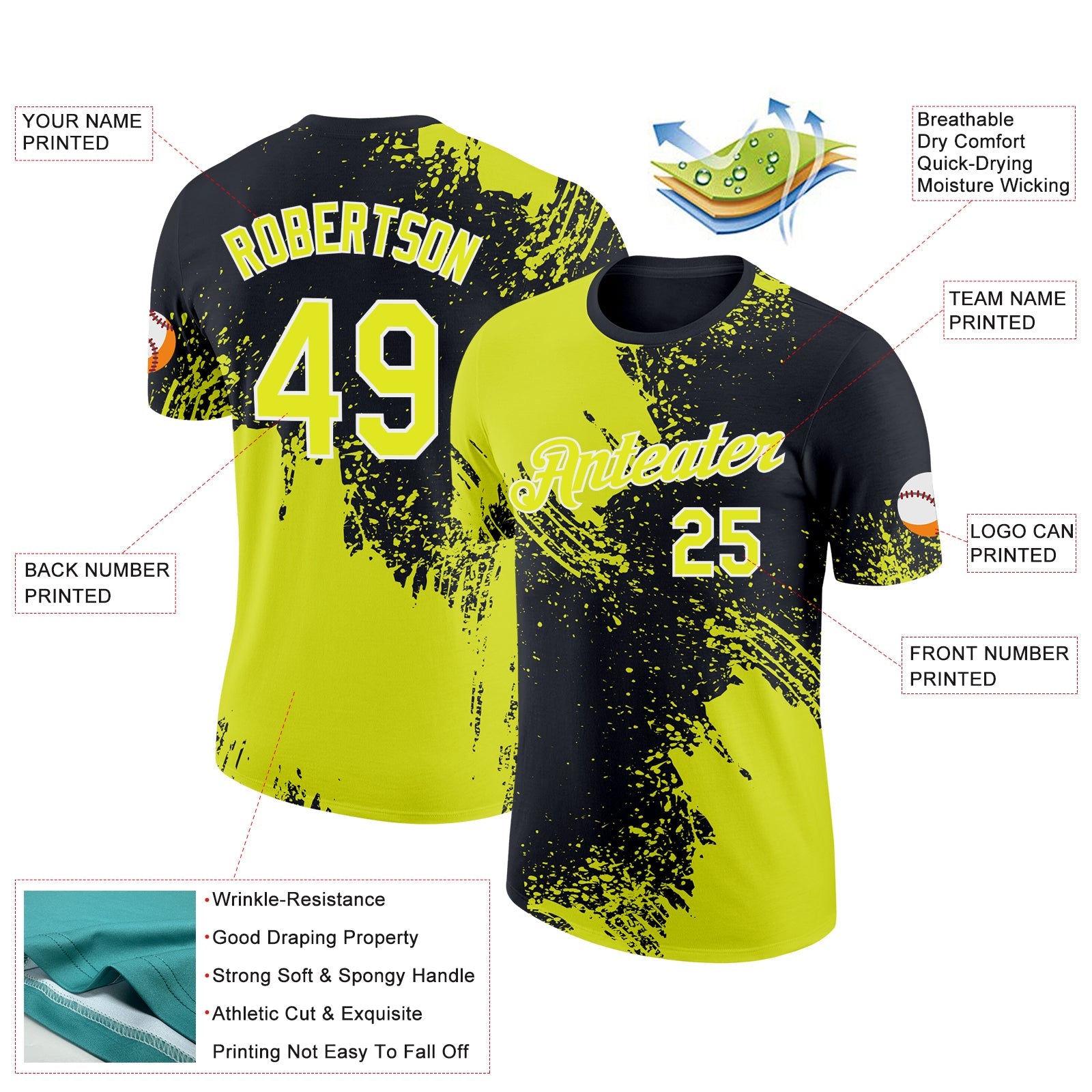 Custom Neon Yellow Black-White 3D Pattern Design Abstract Brush Stroke Performance T-Shirt view 2