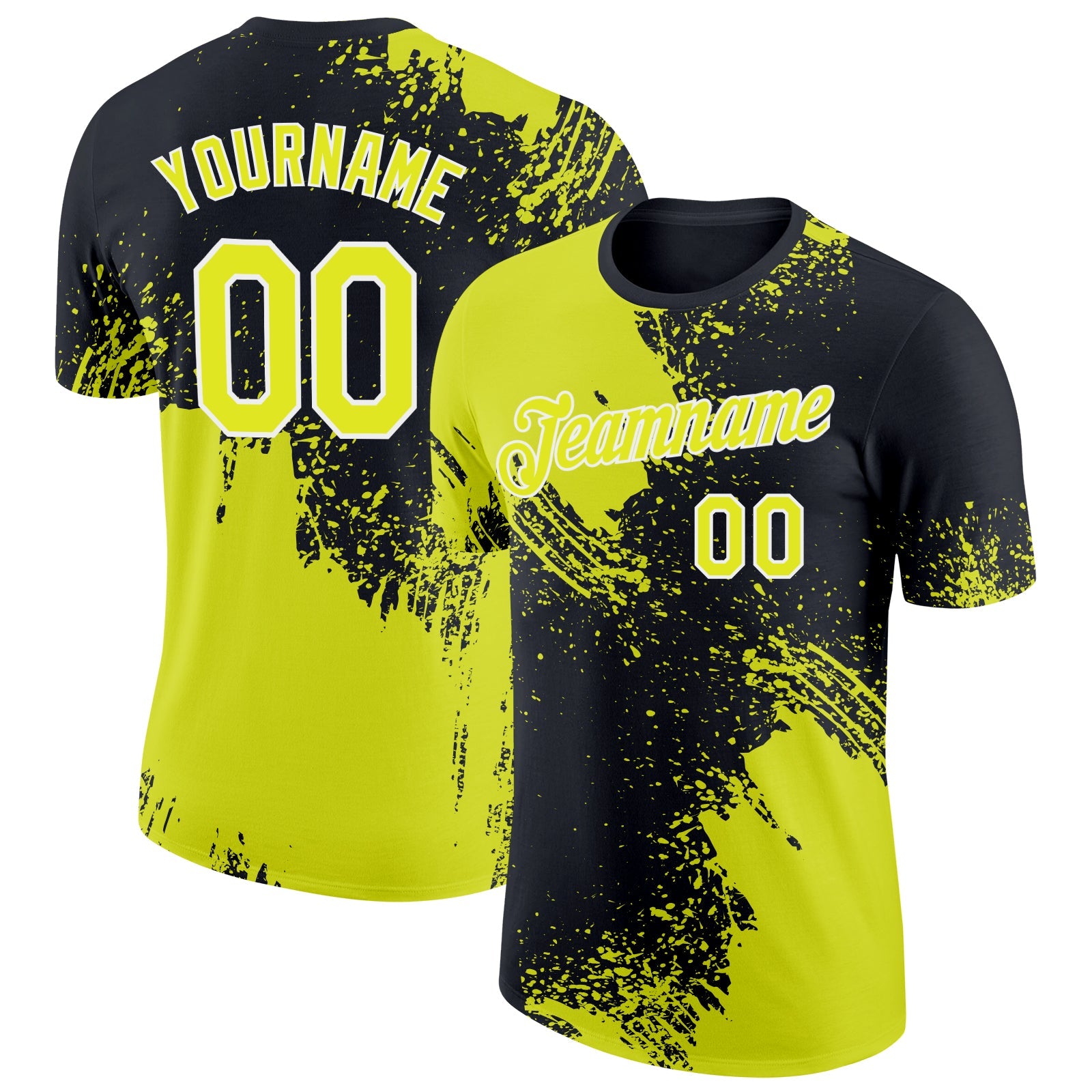 Custom Neon Yellow Black-White 3D Pattern Design Abstract Brush Stroke Performance T-Shirt - Main View