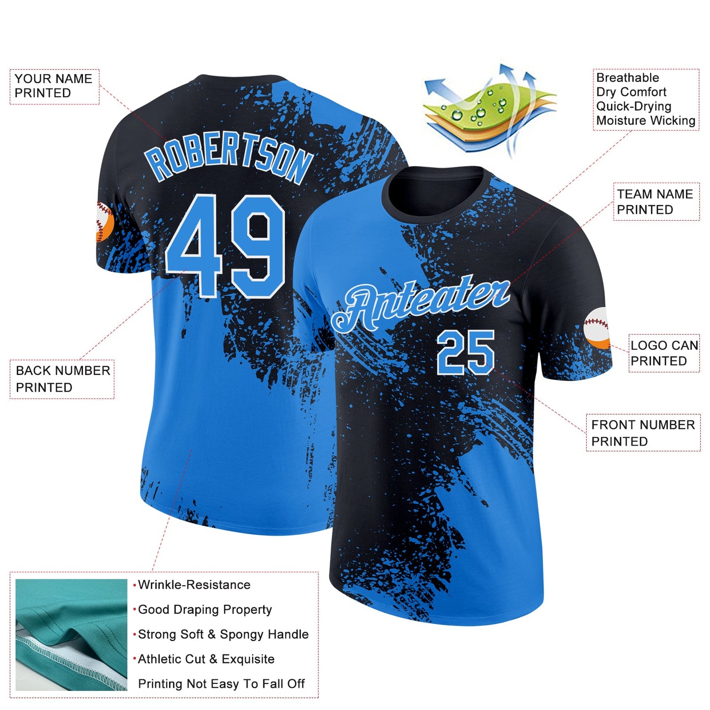Custom Powder Blue Black-White 3D Pattern Design Abstract Brush Stroke Performance T-Shirt view 2