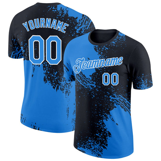Custom Powder Blue Black-White 3D Pattern Design Abstract Brush Stroke Performance T-Shirt - Main View