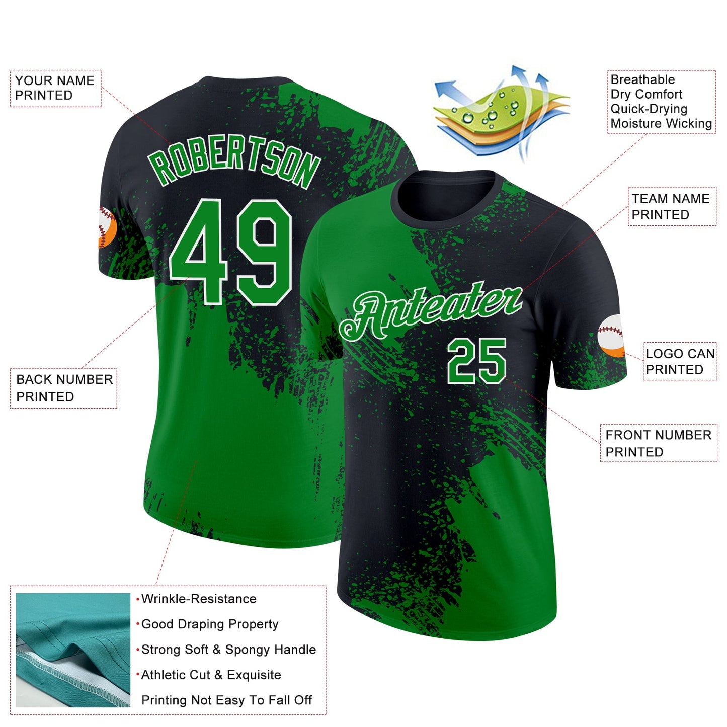 Custom Grass Green Black-White 3D Pattern Design Abstract Brush Stroke Performance T-Shirt view 2