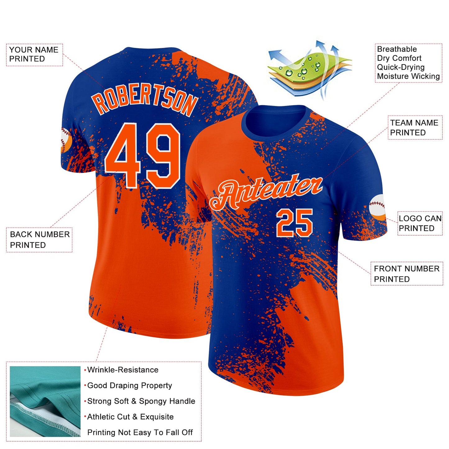 Custom Orange Royal-White 3D Pattern Design Abstract Brush Stroke Performance T-Shirt view 2