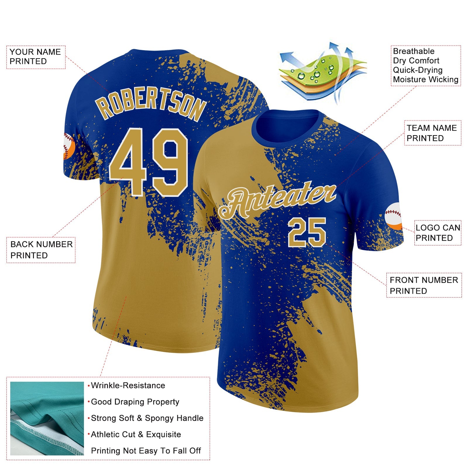Custom Old Gold Royal-White 3D Pattern Design Abstract Brush Stroke Performance T-Shirt view 2