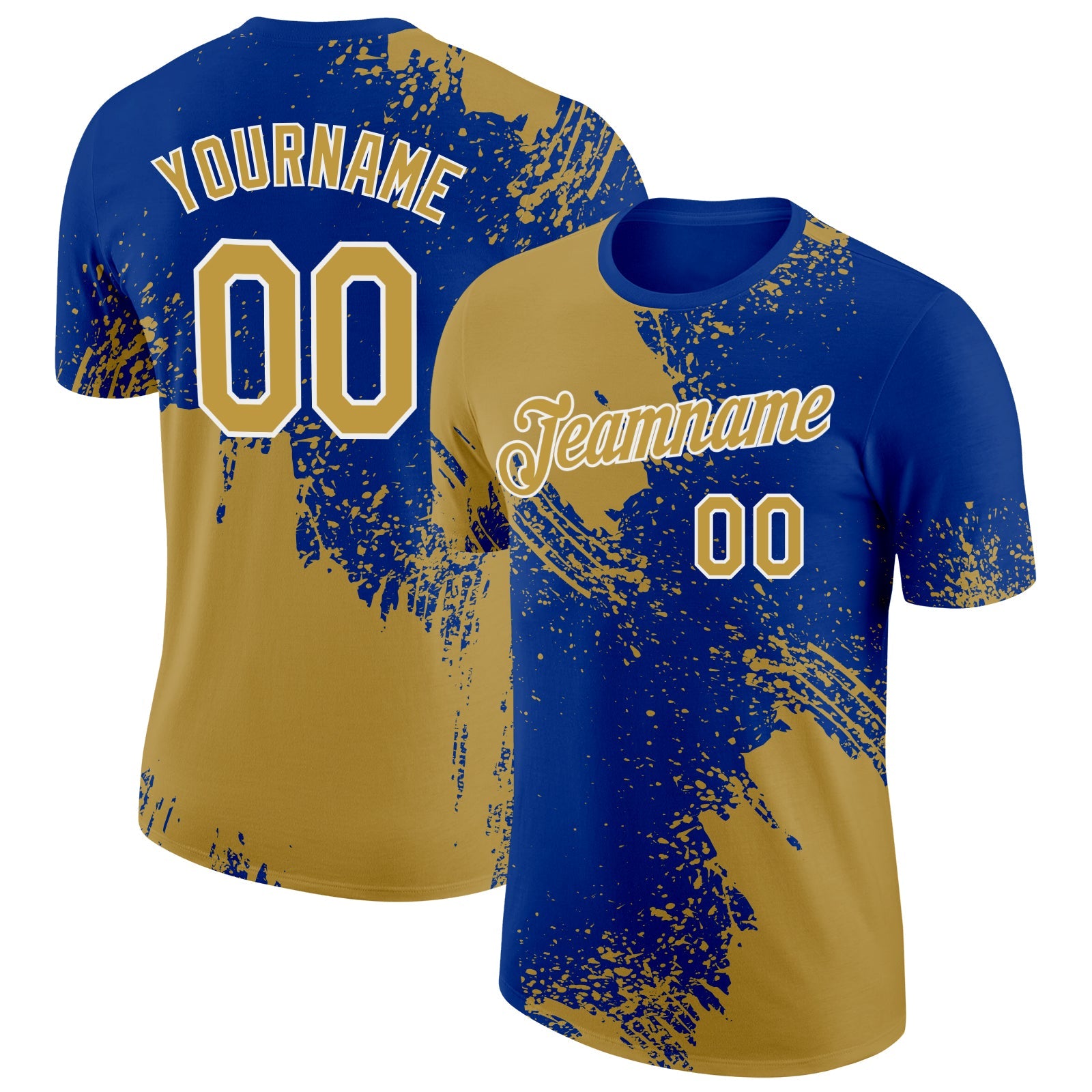 Custom Old Gold Royal-White 3D Pattern Design Abstract Brush Stroke Performance T-Shirt - Main View