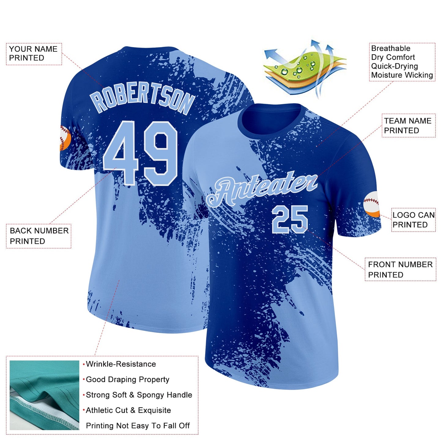 Custom Light Blue Royal-White 3D Pattern Design Abstract Brush Stroke Performance T-Shirt view 2