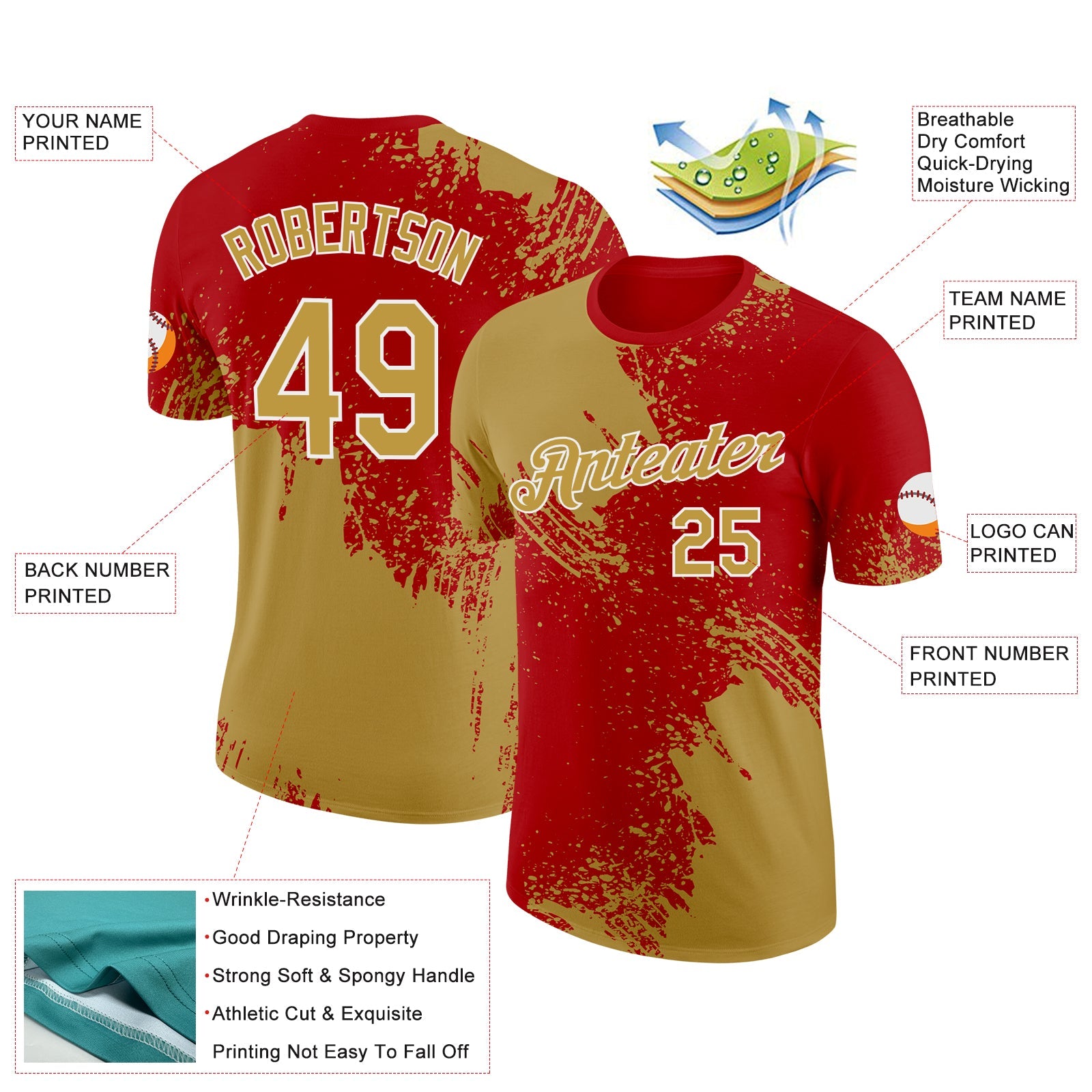 Custom Old Gold Red-White 3D Pattern Design Abstract Brush Stroke Performance T-Shirt view 2