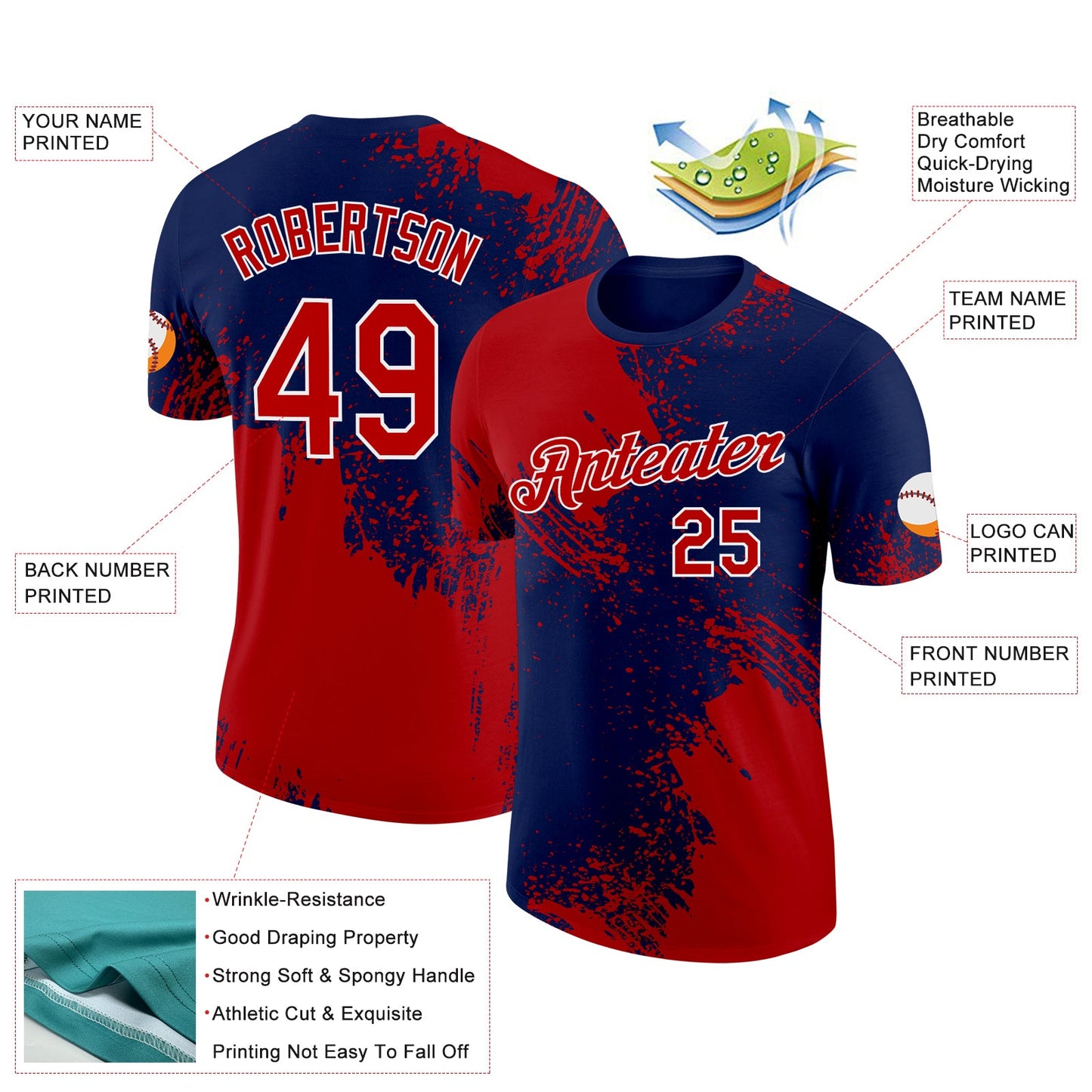 Custom Red Navy-White 3D Pattern Design Abstract Brush Stroke Performance T-Shirt view 2
