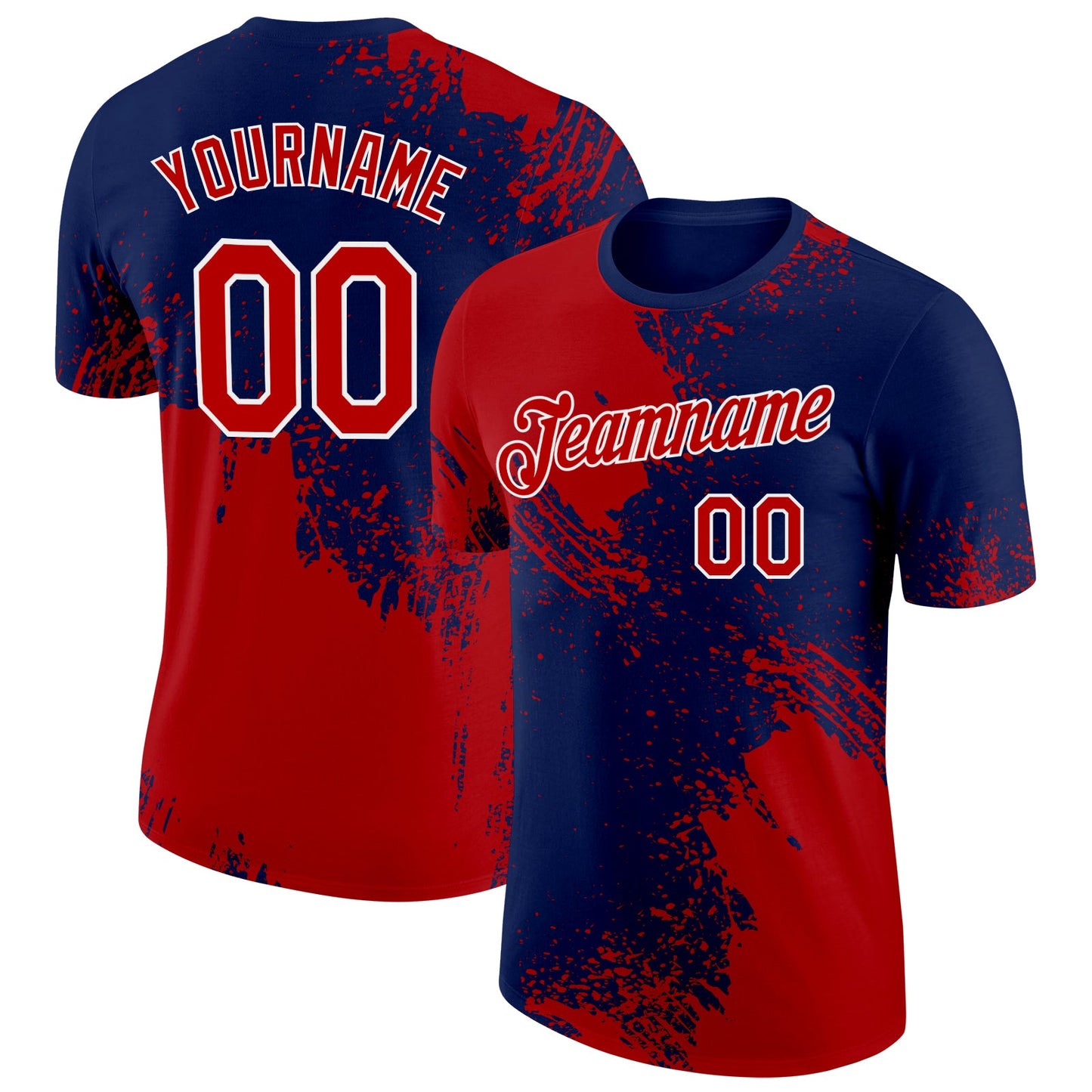 Custom Red Navy-White 3D Pattern Design Abstract Brush Stroke Performance T-Shirt - Main View