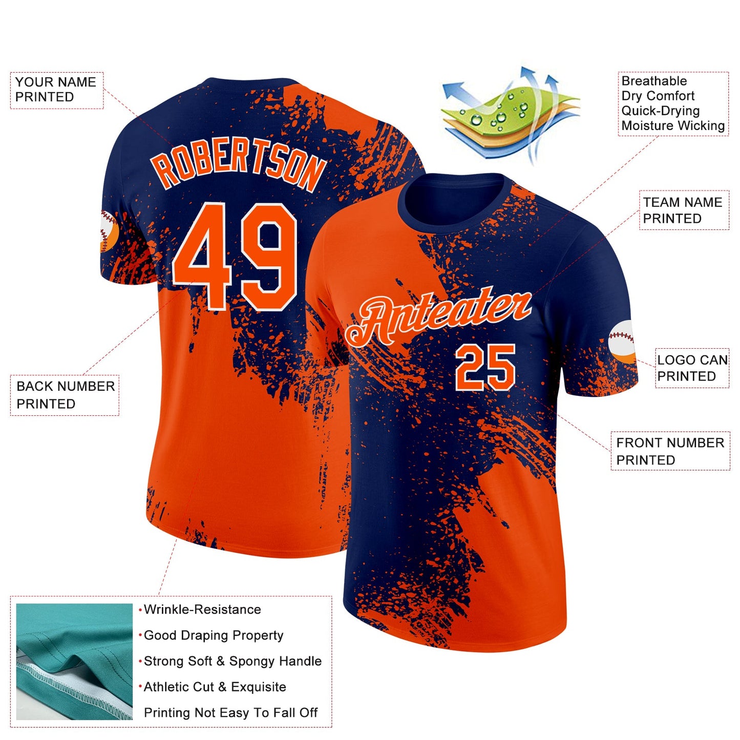 Custom Orange Navy-White 3D Pattern Design Abstract Brush Stroke Performance T-Shirt view 3