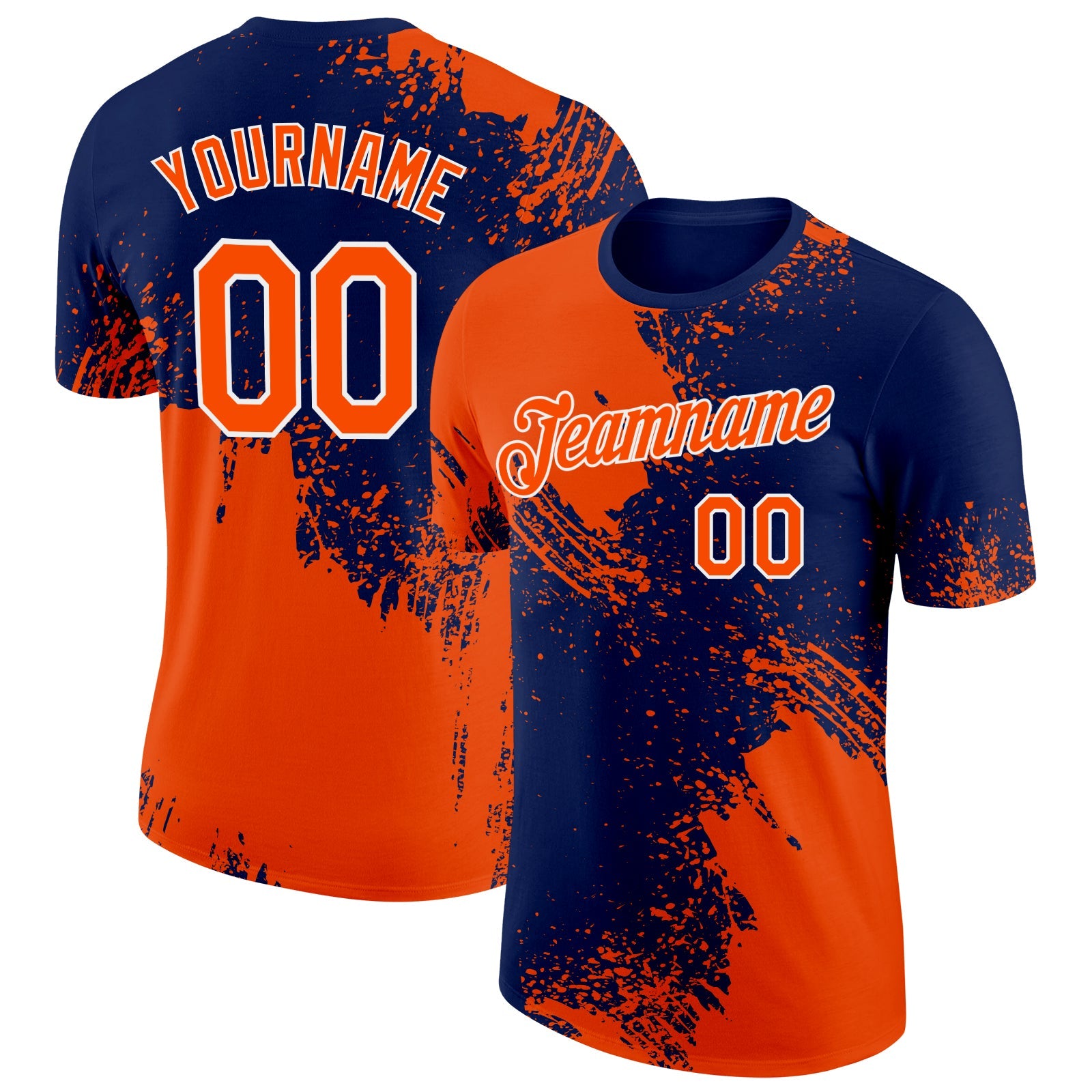 Custom Orange Navy-White 3D Pattern Design Abstract Brush Stroke Performance T-Shirt - Main View