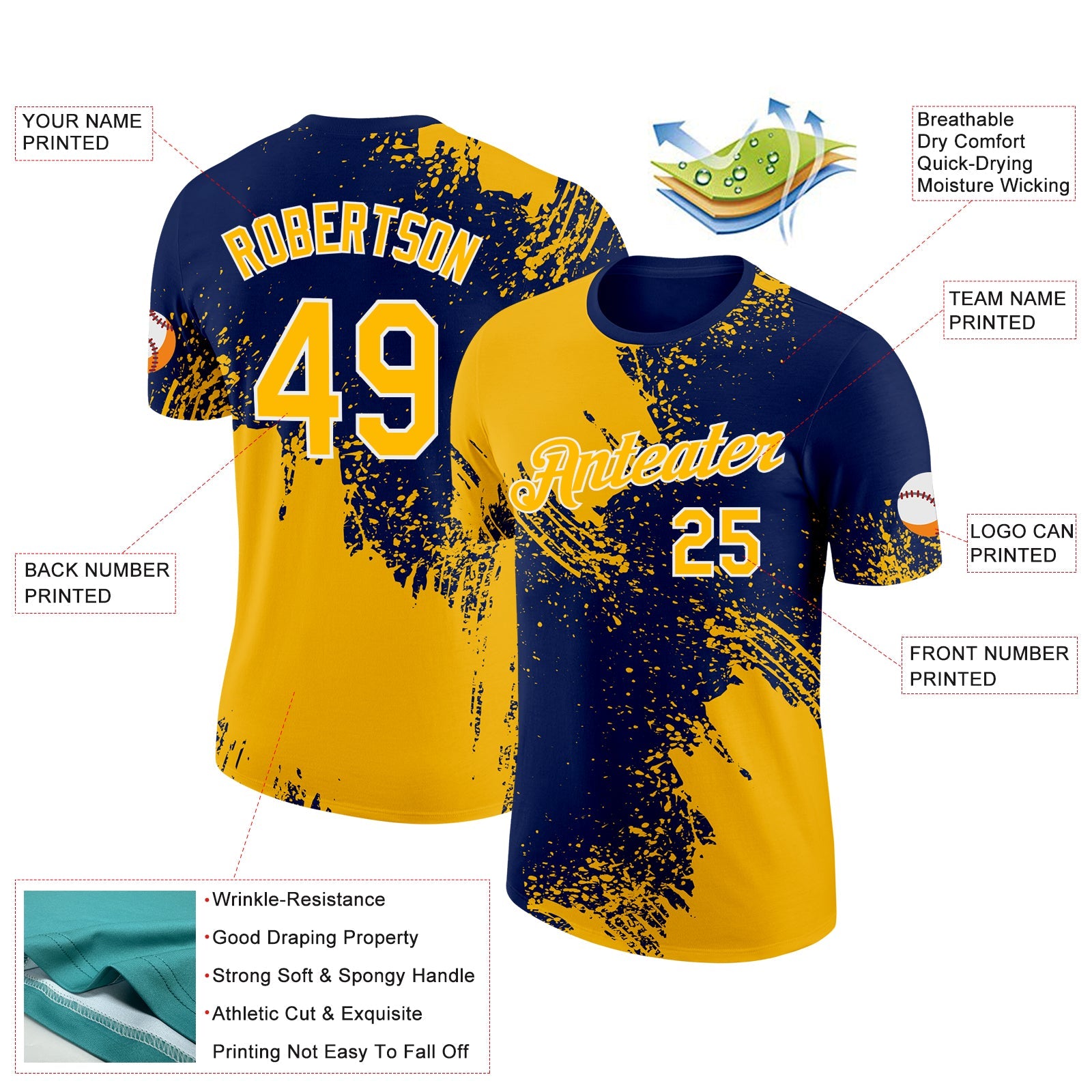 Custom Gold Navy-White 3D Pattern Design Abstract Brush Stroke Performance T-Shirt view 3