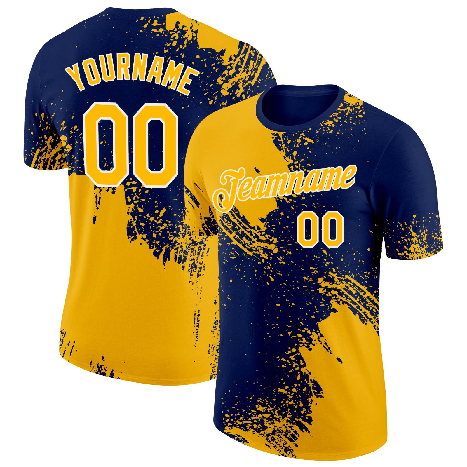 Custom Gold Navy-White 3D Pattern Design Abstract Brush Stroke Performance T-Shirt - Main View