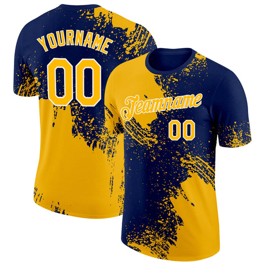 Custom Gold Navy-White 3D Pattern Design Abstract Brush Stroke Performance T-Shirt - Main View