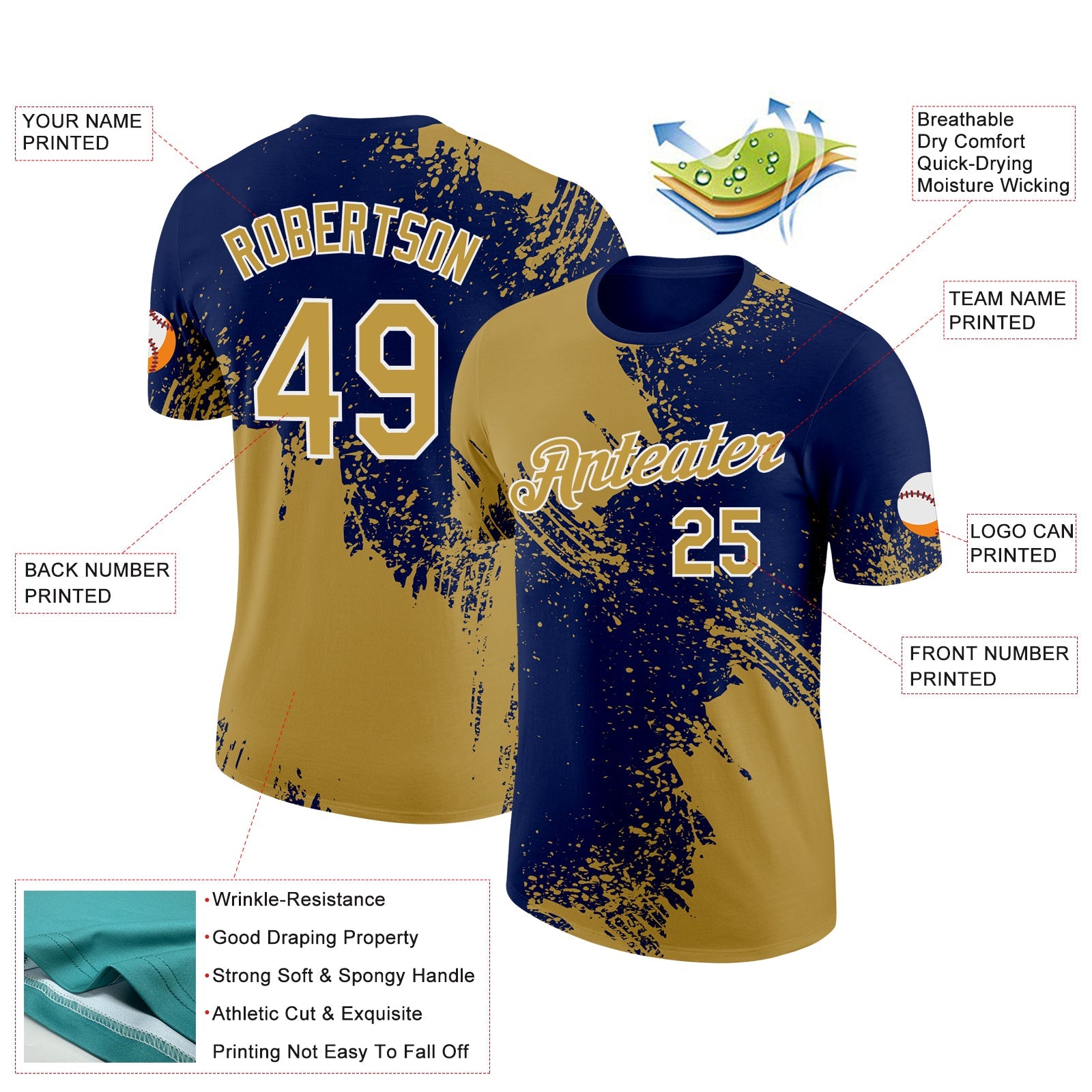 Custom Old Gold Navy-White 3D Pattern Design Abstract Brush Stroke Performance T-Shirt view 2