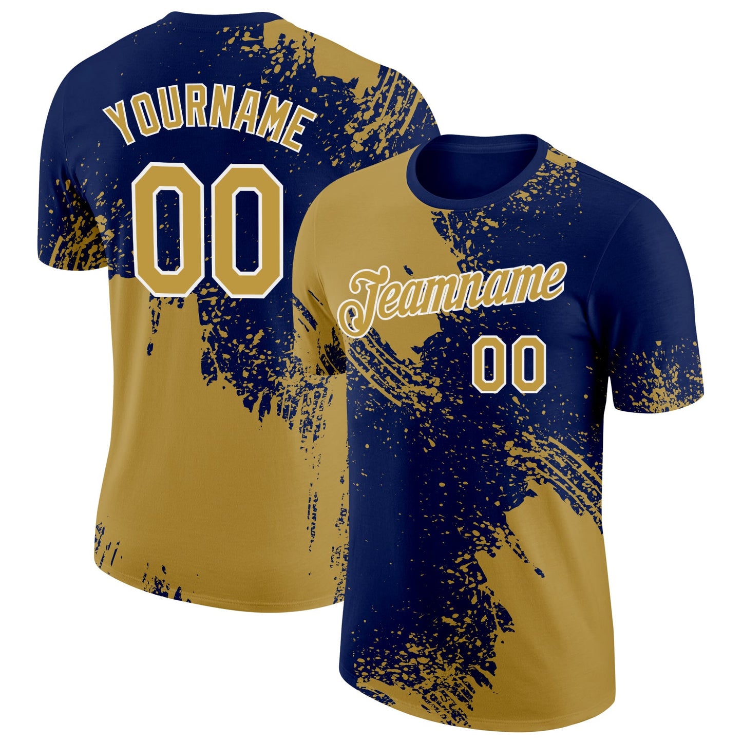 Custom Old Gold Navy-White 3D Pattern Design Abstract Brush Stroke Performance T-Shirt - Main View