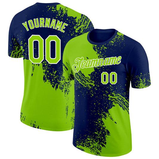 Custom Neon Green Navy-White 3D Pattern Design Abstract Brush Stroke Performance T-Shirt - Main View