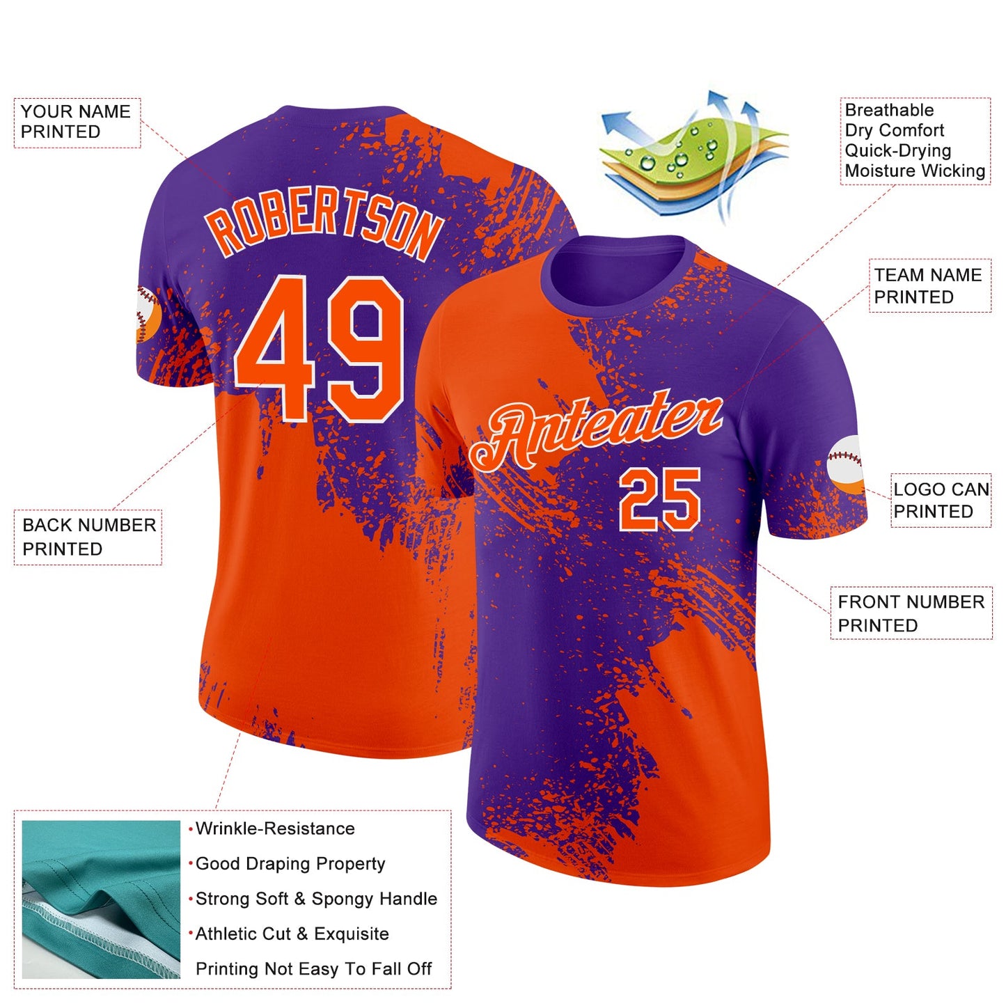 Custom Orange Purple-White 3D Pattern Design Abstract Brush Stroke Performance T-Shirt view 2