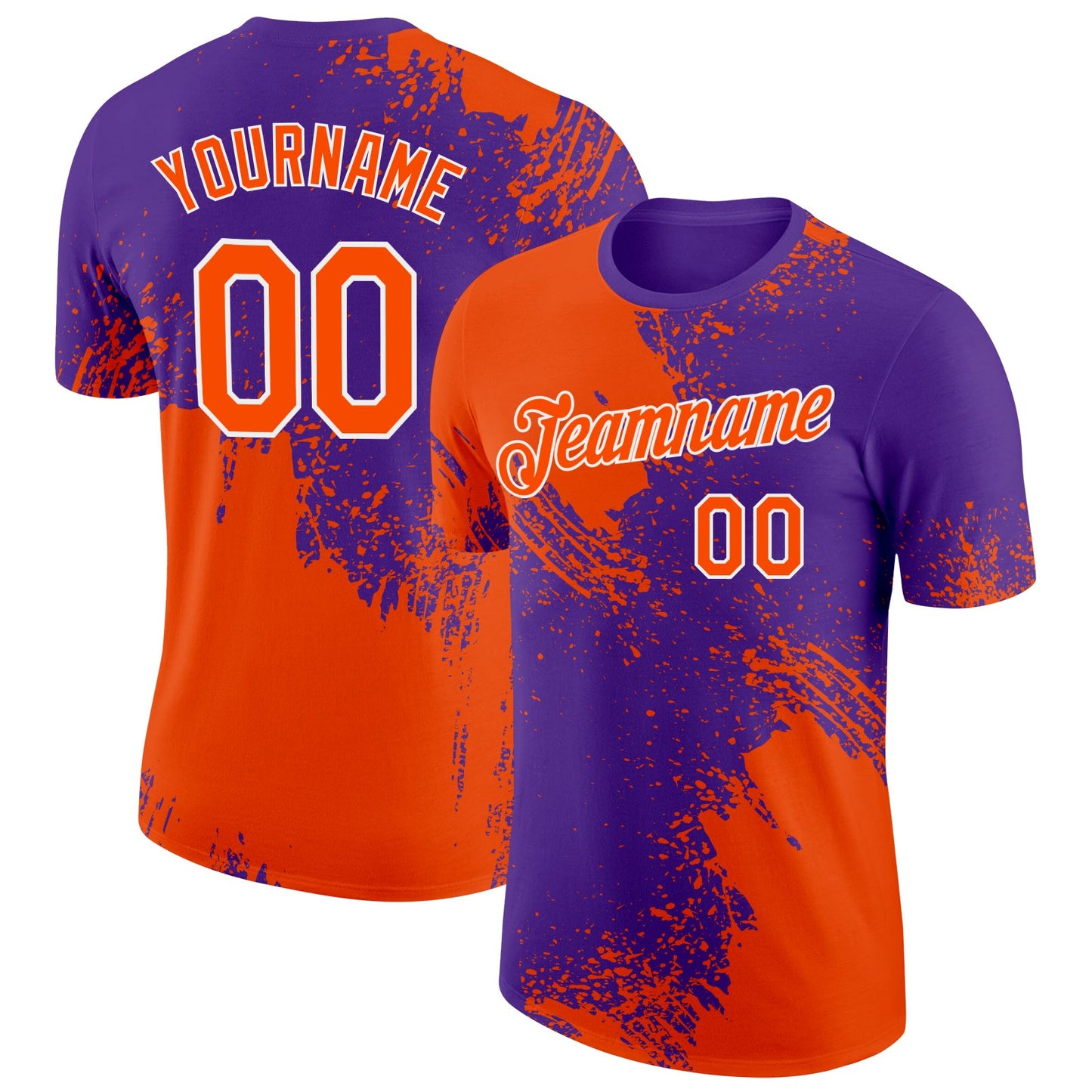 Custom Orange Purple-White 3D Pattern Design Abstract Brush Stroke Performance T-Shirt - Main View