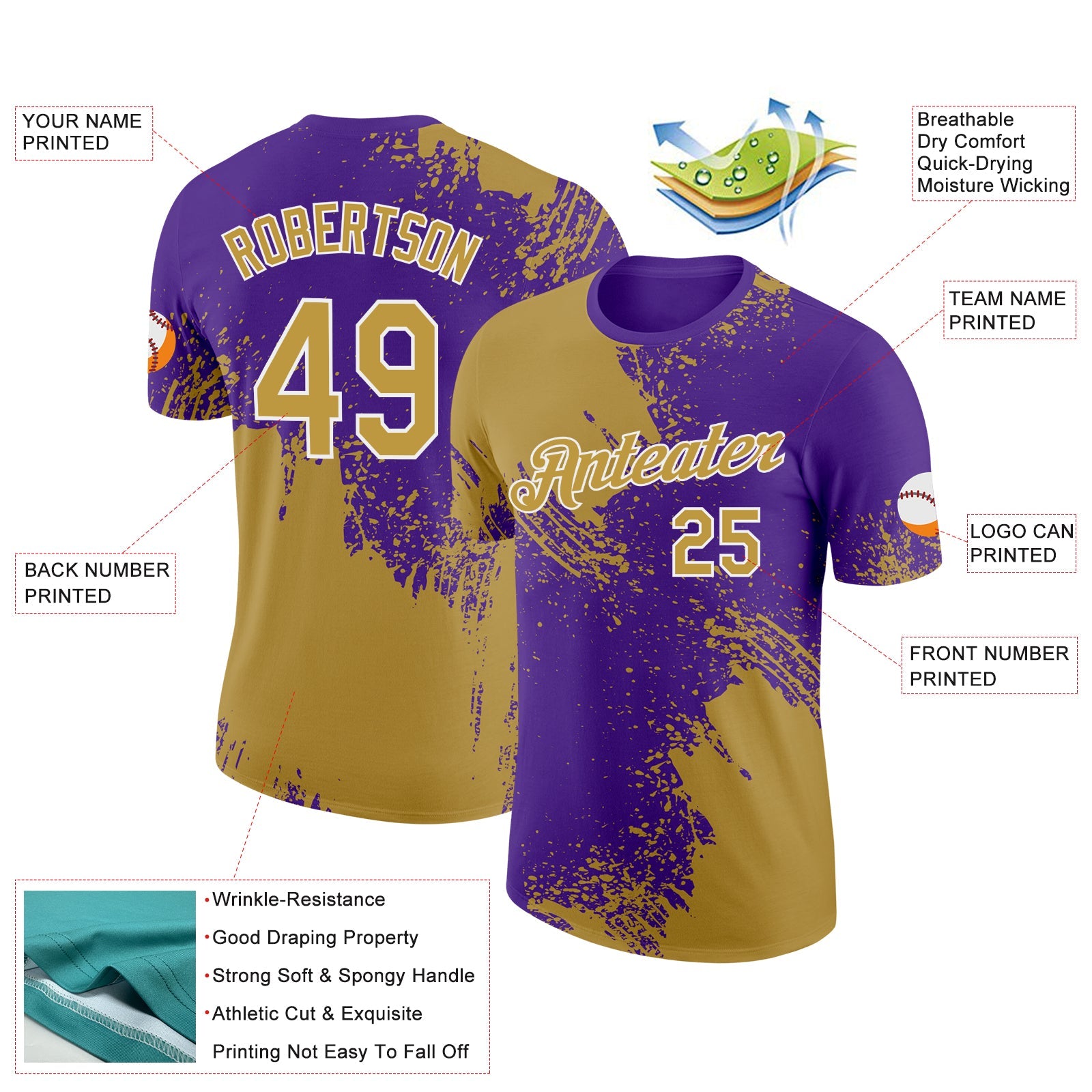 Custom Old Gold Purple-White 3D Pattern Design Abstract Brush Stroke Performance T-Shirt view 2