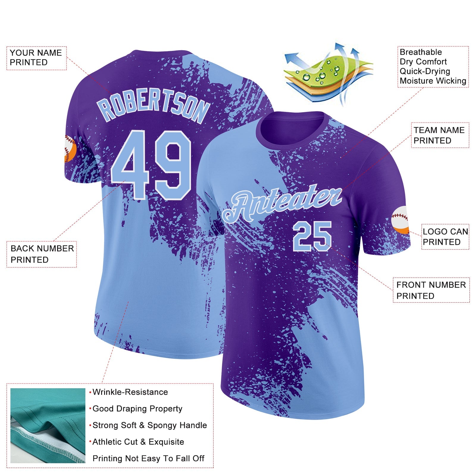 Custom Light Blue Purple-White 3D Pattern Design Abstract Brush Stroke Performance T-Shirt view 2