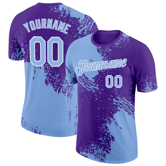 Custom Light Blue Purple-White 3D Pattern Design Abstract Brush Stroke Performance T-Shirt - Main View