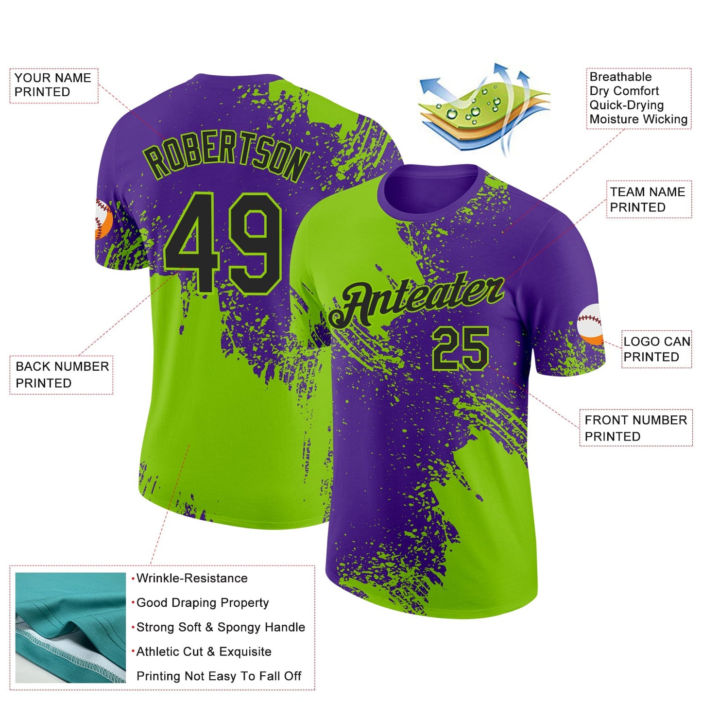 Custom Neon Green Black-Purple 3D Pattern Design Abstract Brush Stroke Performance T-Shirt view 2