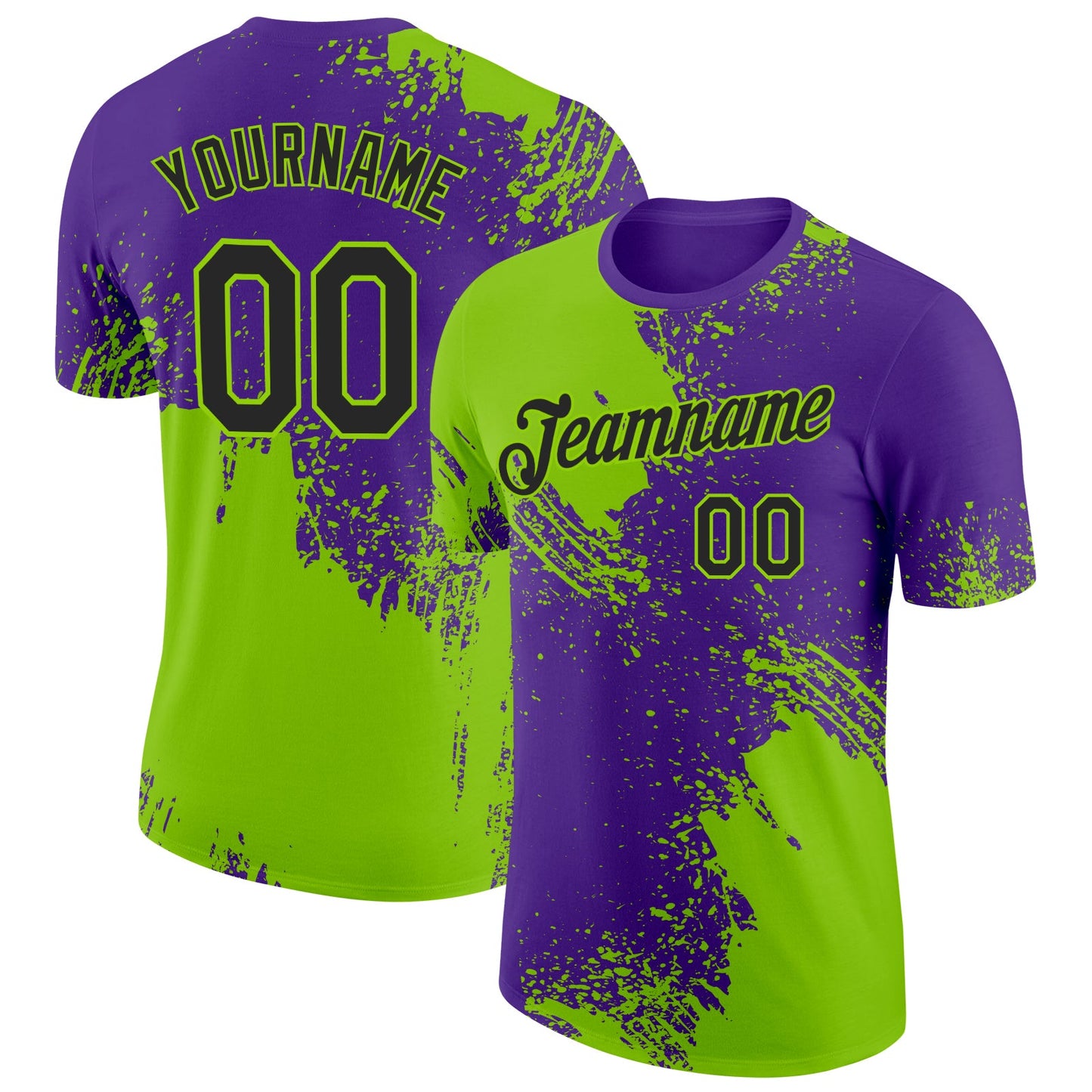 Custom Neon Green Black-Purple 3D Pattern Design Abstract Brush Stroke Performance T-Shirt - Main View