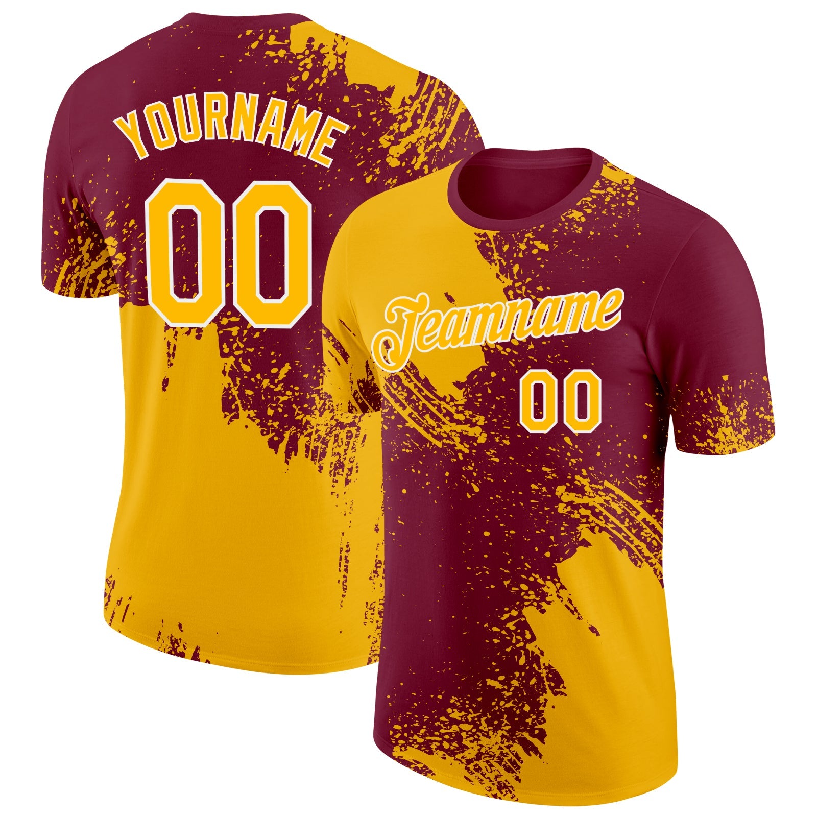 Custom Gold Crimson-White 3D Pattern Design Abstract Brush Stroke Performance T-Shirt - Main View