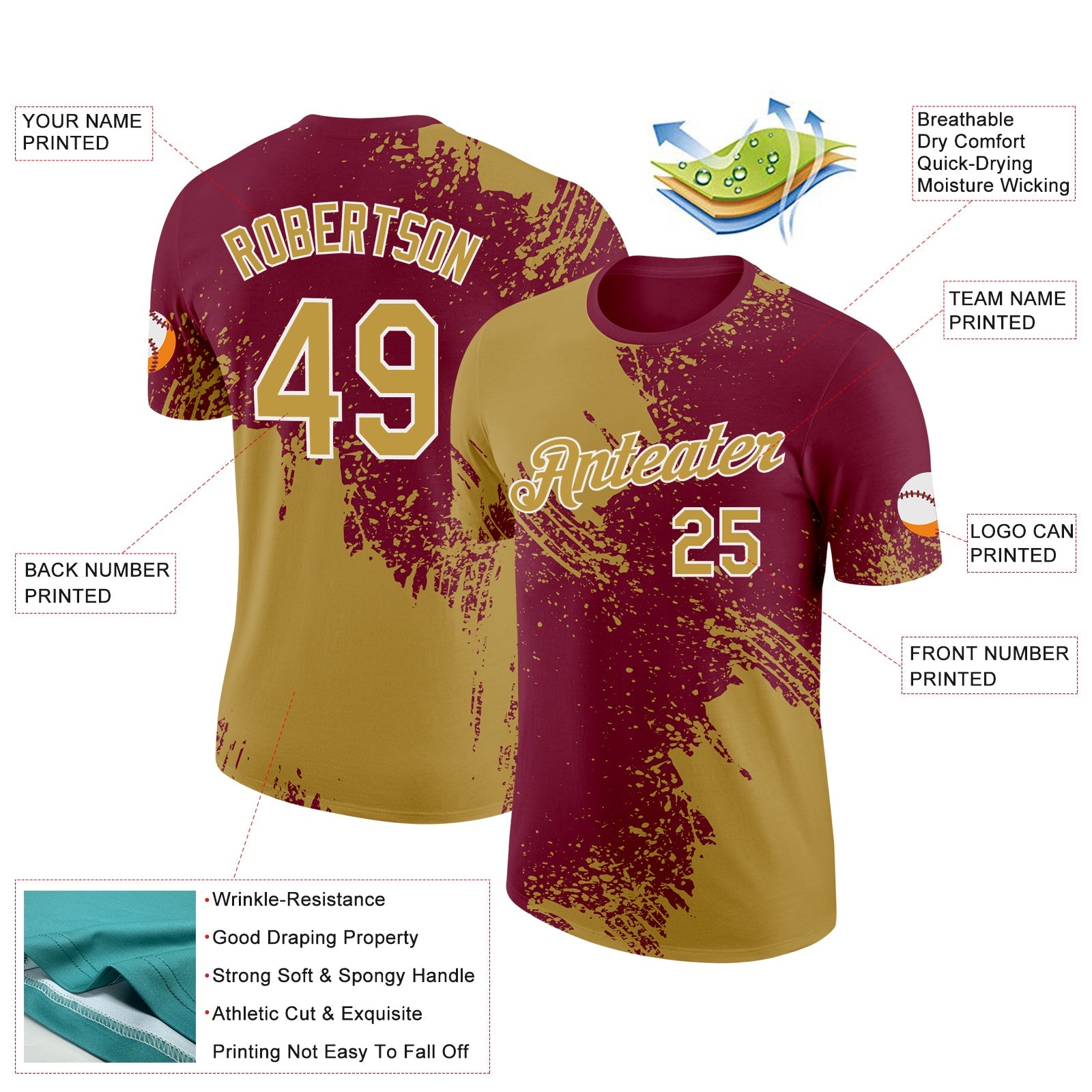 Custom Old Gold Crimson-White 3D Pattern Design Abstract Brush Stroke Performance T-Shirt view 2