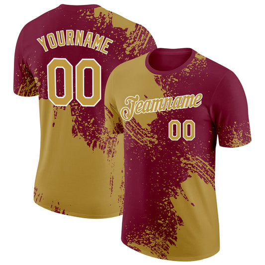 Custom Old Gold Crimson-White 3D Pattern Design Abstract Brush Stroke Performance T-Shirt - Main View