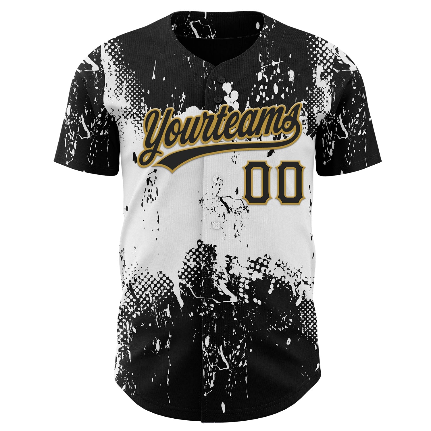 Custom Black White-Old Gold 3D Pattern Design Abstract Splatter Grunge Art Authentic Baseball Jersey view 2
