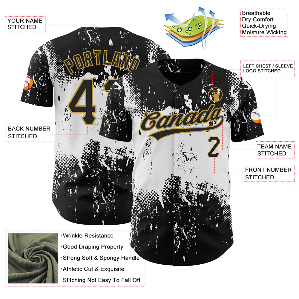Custom Black White-Old Gold 3D Pattern Design Abstract Splatter Grunge Art Authentic Baseball Jersey view 3