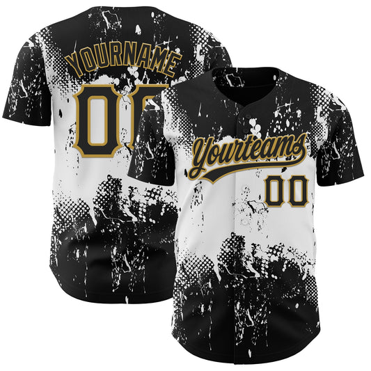 Custom Black White-Old Gold 3D Pattern Design Abstract Splatter Grunge Art Authentic Baseball Jersey - Main View