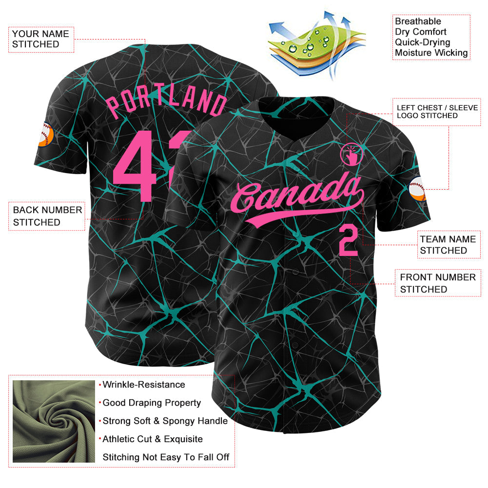 Custom Black Pink-Aqua 3D Pattern Design Abstract Network Authentic Baseball Jersey view 3