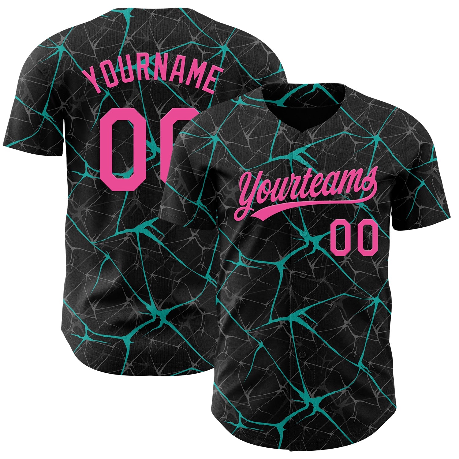 Custom Black Pink-Aqua 3D Pattern Design Abstract Network Authentic Baseball Jersey - Main View