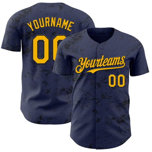 Custom Navy Gold-Black 3D Pattern Design Abstract Splatter Texture Authentic Baseball Jersey - Main View