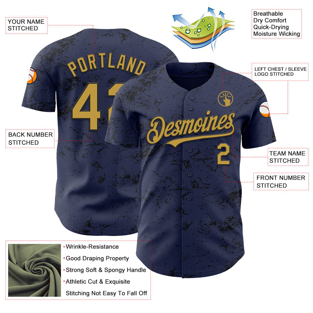 Custom Navy Old Gold-Black 3D Pattern Design Abstract Splatter Texture Authentic Baseball Jersey view 3