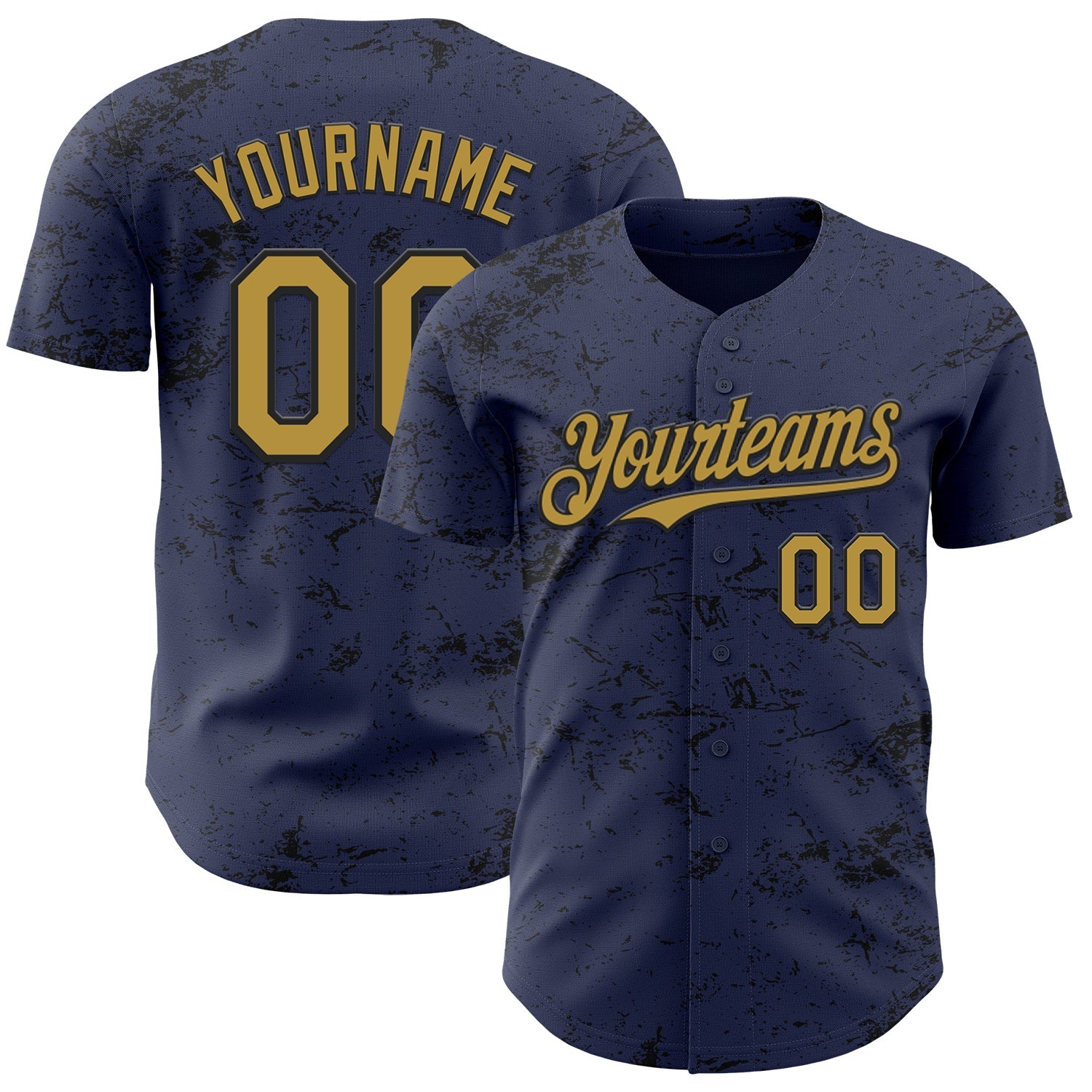 Custom Navy Old Gold-Black 3D Pattern Design Abstract Splatter Texture Authentic Baseball Jersey - Main View