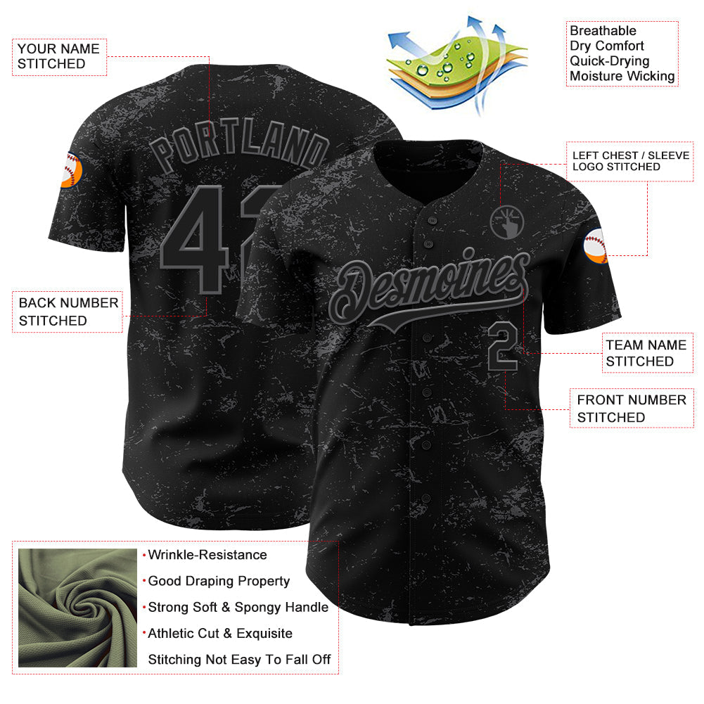Custom Black Steel Gray 3D Pattern Design Abstract Splatter Texture Authentic Baseball Jersey view 3