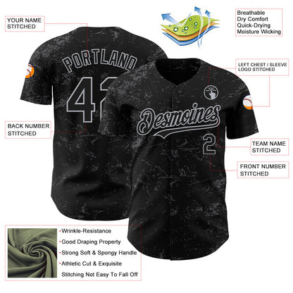 Custom Black Gray-Steel Gray 3D Pattern Design Abstract Splatter Texture Authentic Baseball Jersey view 3