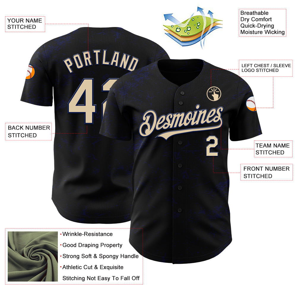 Custom Black City Cream-Navy 3D Pattern Design Abstract Splatter Texture Authentic Baseball Jersey view 3