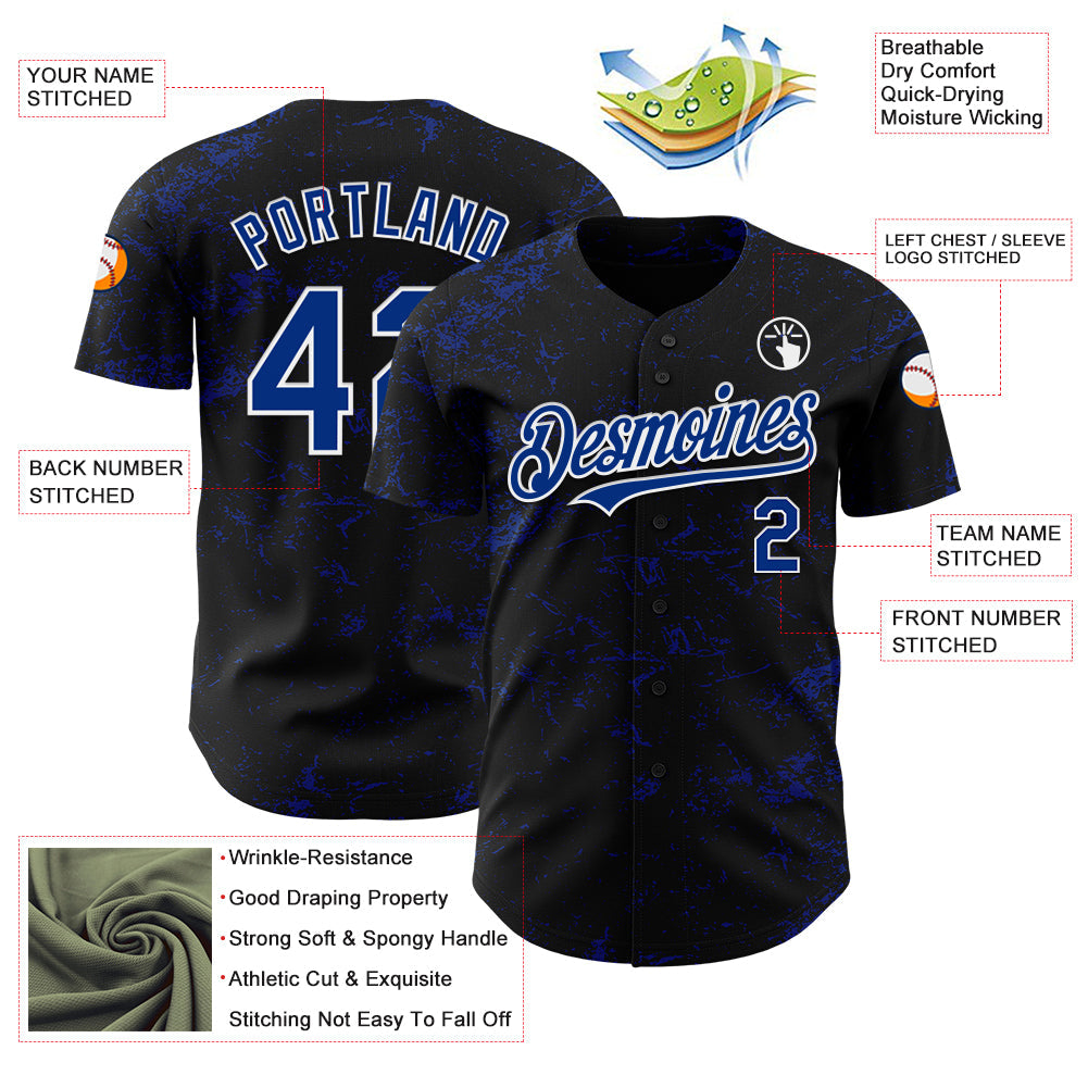 Custom Black Royal-White 3D Pattern Design Abstract Splatter Texture Authentic Baseball Jersey view 3