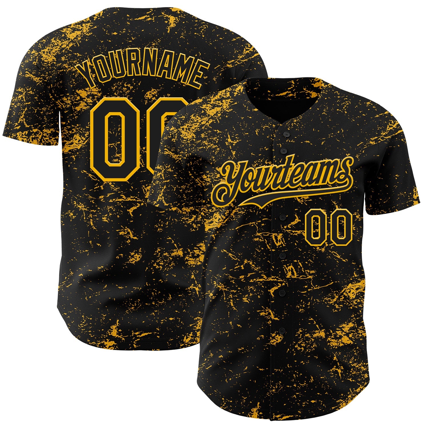 Custom Black Gold 3D Pattern Design Abstract Splatter Texture Authentic Baseball Jersey - Main View