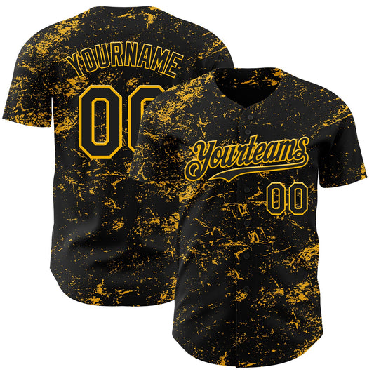 Custom Black Gold 3D Pattern Design Abstract Splatter Texture Authentic Baseball Jersey - Main View