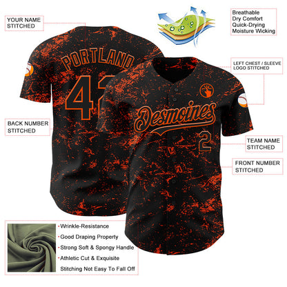 Custom Black Orange 3D Pattern Design Abstract Splatter Texture Authentic Baseball Jersey view 3