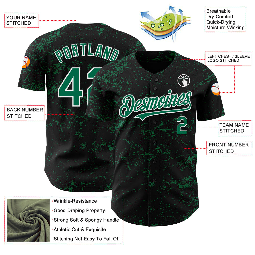 Custom Black Kelly Green-White 3D Pattern Design Abstract Splatter Texture Authentic Baseball Jersey view 3