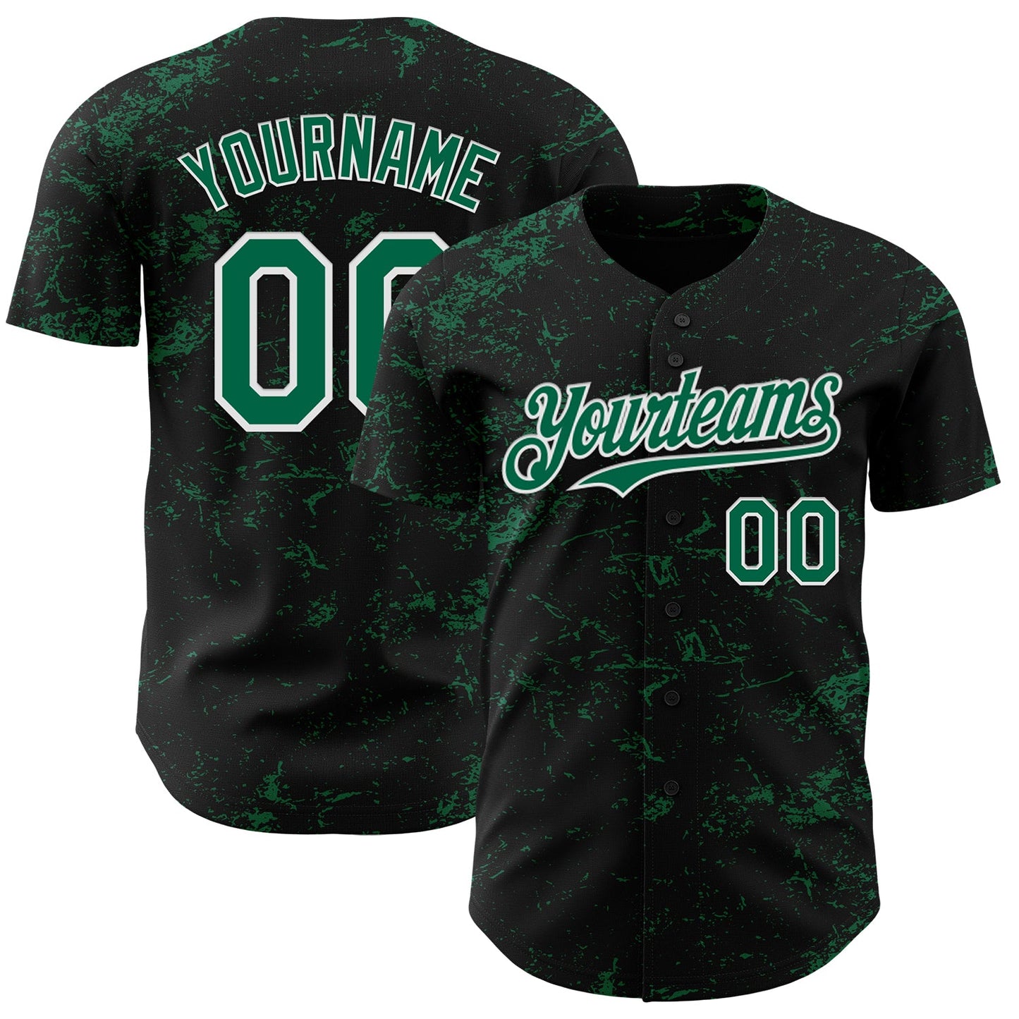 Custom Black Kelly Green-White 3D Pattern Design Abstract Splatter Texture Authentic Baseball Jersey - Main View
