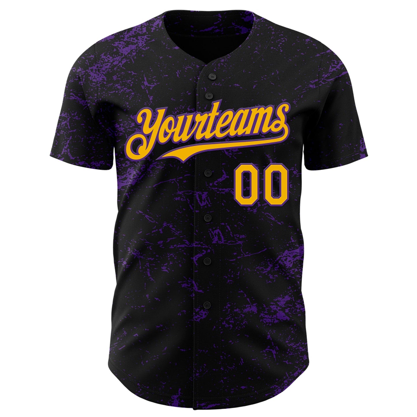 Custom Black Gold-Purple 3D Pattern Design Abstract Splatter Texture Authentic Baseball Jersey view 2